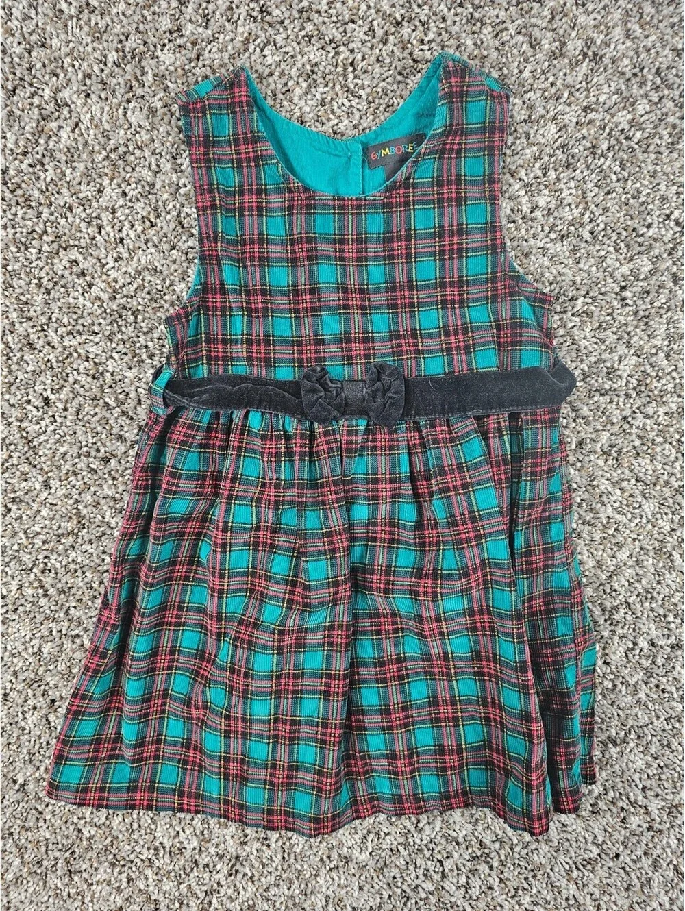 Vintage 90s Gymboree Holiday Plaid Corduroy Dress Green Red Black Bow Sz L